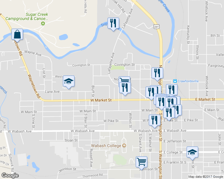map of restaurants, bars, coffee shops, grocery stores, and more near 302 High Street in Crawfordsville