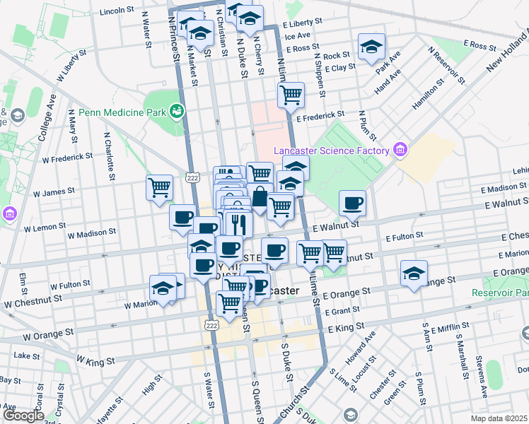 map of restaurants, bars, coffee shops, grocery stores, and more near 337 North Duke Street in Lancaster