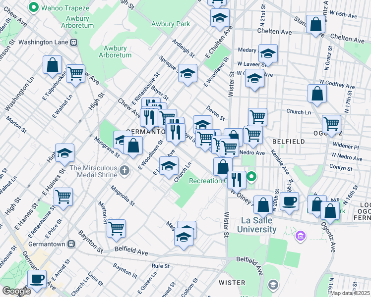 map of restaurants, bars, coffee shops, grocery stores, and more near 5525 Chew Avenue in Philadelphia