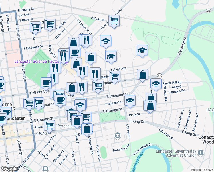 map of restaurants, bars, coffee shops, grocery stores, and more near 242 North Reservoir Street in Lancaster