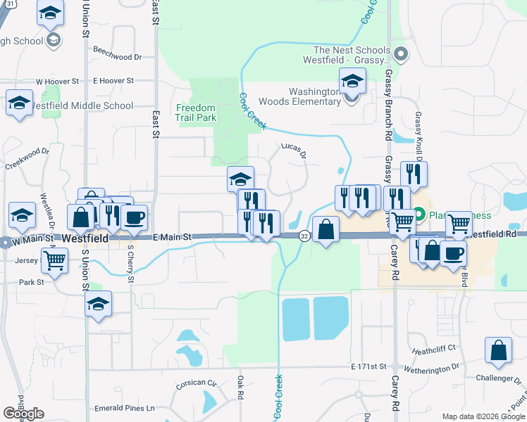 map of restaurants, bars, coffee shops, grocery stores, and more near 820 East Main Street in Westfield