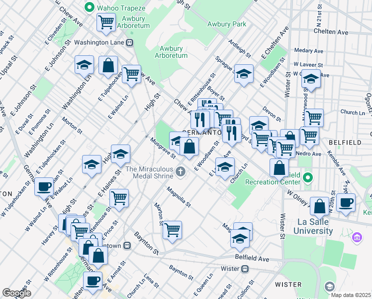 map of restaurants, bars, coffee shops, grocery stores, and more near 627 East Chelten Avenue in Philadelphia