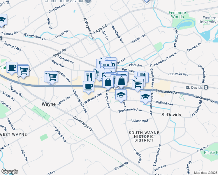 map of restaurants, bars, coffee shops, grocery stores, and more near 118 West Lancaster Avenue in Wayne