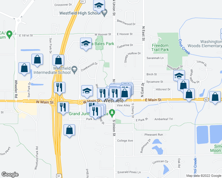 map of restaurants, bars, coffee shops, grocery stores, and more near 201 North Union Street in Westfield