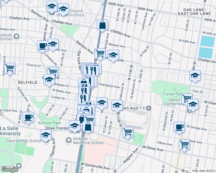 map of restaurants, bars, coffee shops, grocery stores, and more near 5949 N 13th St in Philadelphia