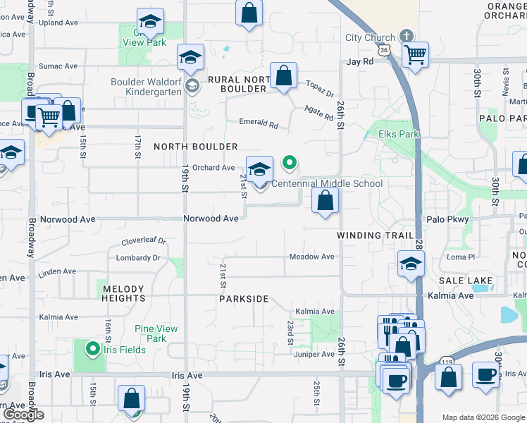 map of restaurants, bars, coffee shops, grocery stores, and more near 2210 Norwood Avenue in Boulder