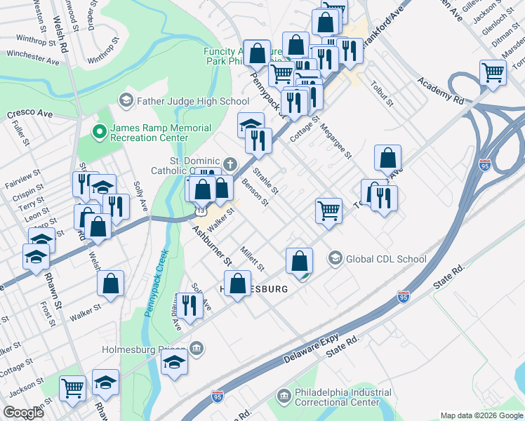 map of restaurants, bars, coffee shops, grocery stores, and more near 4500 Benson Street in Philadelphia