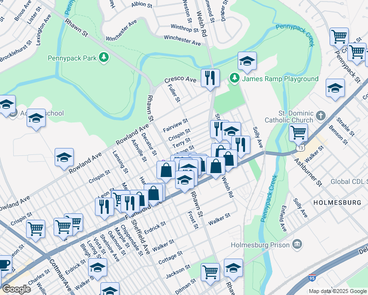 map of restaurants, bars, coffee shops, grocery stores, and more near 8042 Leon Street in Philadelphia