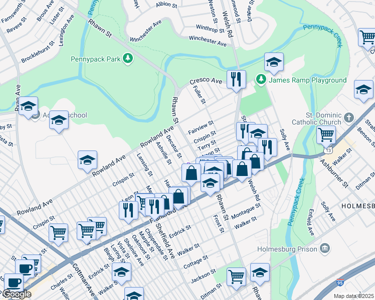 map of restaurants, bars, coffee shops, grocery stores, and more near 3411 Rhawn Street in Philadelphia