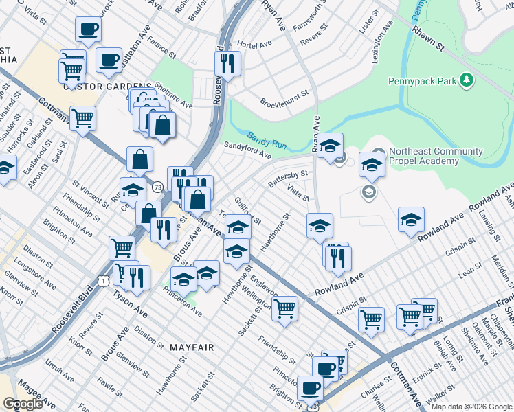 map of restaurants, bars, coffee shops, grocery stores, and more near 2925 Guilford Street in Philadelphia