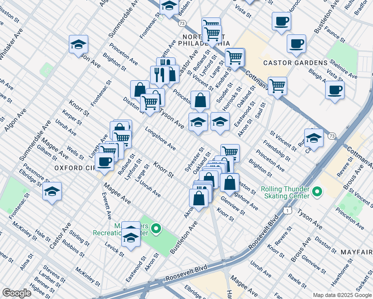map of restaurants, bars, coffee shops, grocery stores, and more near 6916 Horrocks Street in Philadelphia