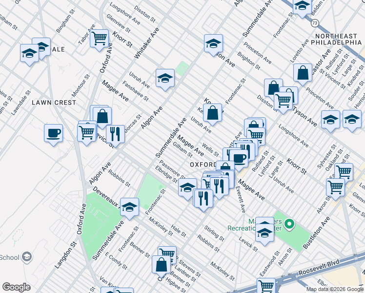 map of restaurants, bars, coffee shops, grocery stores, and more near 1237 Gilham Street in Philadelphia