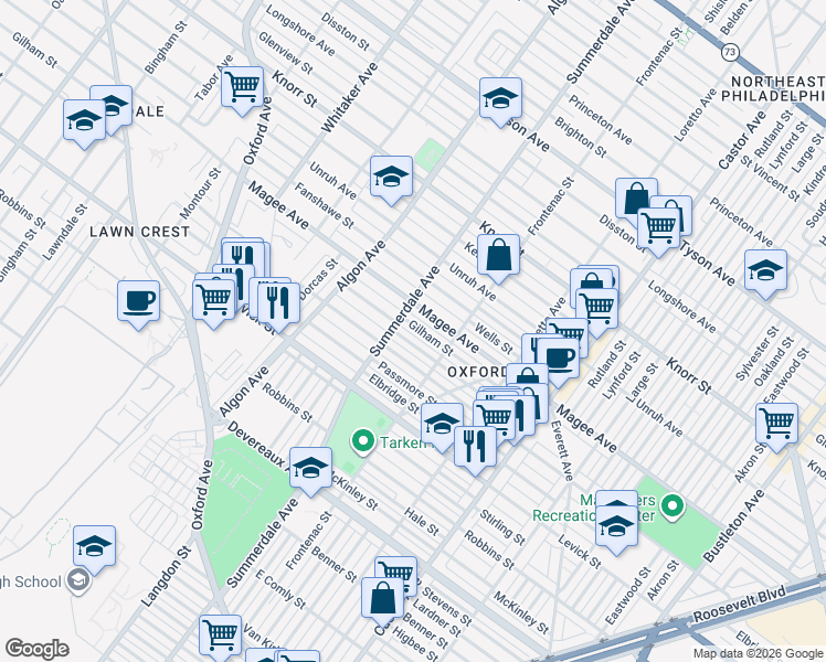 map of restaurants, bars, coffee shops, grocery stores, and more near 1201 Greeby Street in Philadelphia