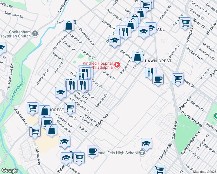 map of restaurants, bars, coffee shops, grocery stores, and more near 561 East Comly Street in Philadelphia