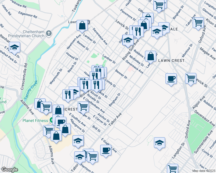 map of restaurants, bars, coffee shops, grocery stores, and more near 5948 Malta Street in Philadelphia