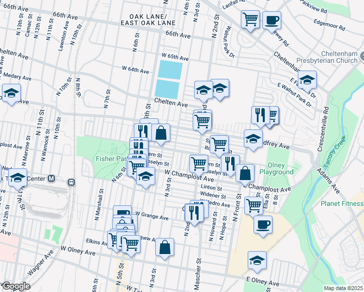 map of restaurants, bars, coffee shops, grocery stores, and more near 303 West Spencer Street in Philadelphia