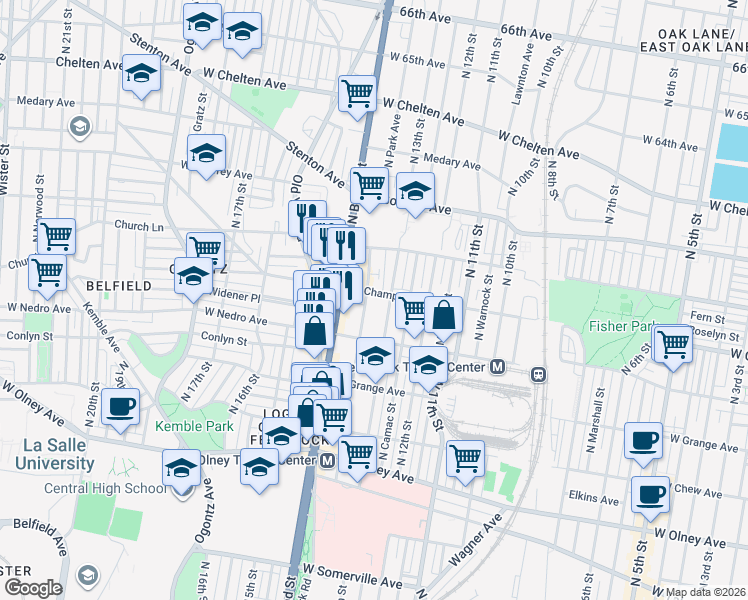 map of restaurants, bars, coffee shops, grocery stores, and more near 5942 North Park Avenue in Philadelphia
