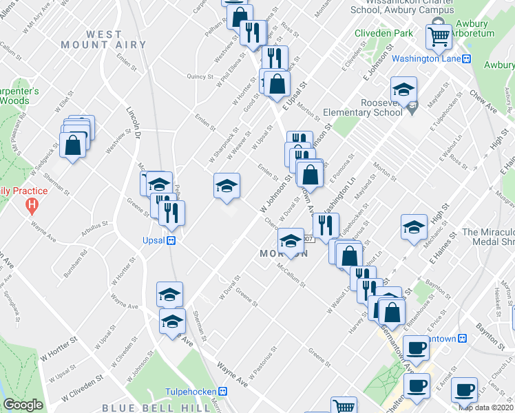map of restaurants, bars, coffee shops, grocery stores, and more near 77 West Johnson Street in Philadelphia