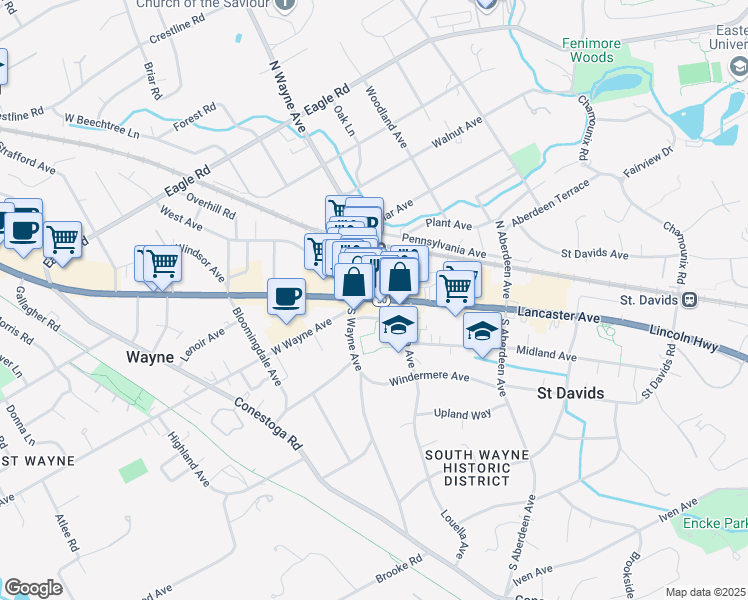 map of restaurants, bars, coffee shops, grocery stores, and more near 118 West Lancaster Avenue in Wayne