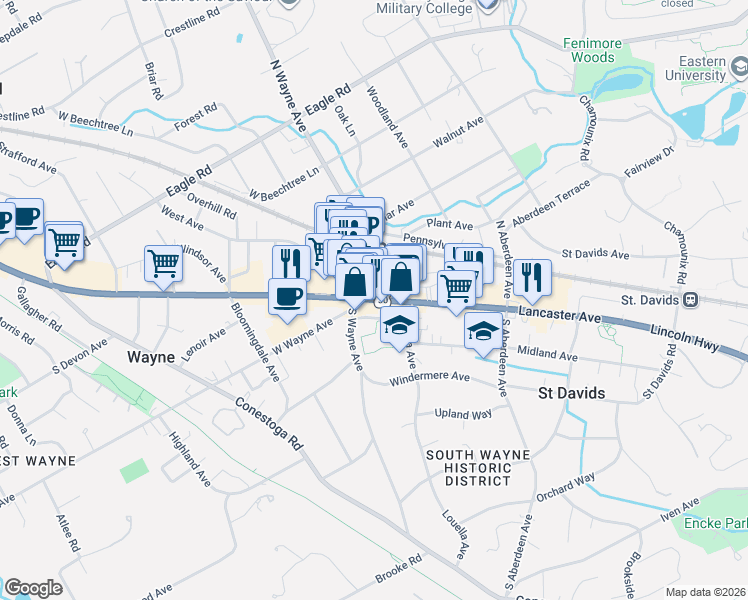 map of restaurants, bars, coffee shops, grocery stores, and more near 116 East Lancaster Avenue in Wayne