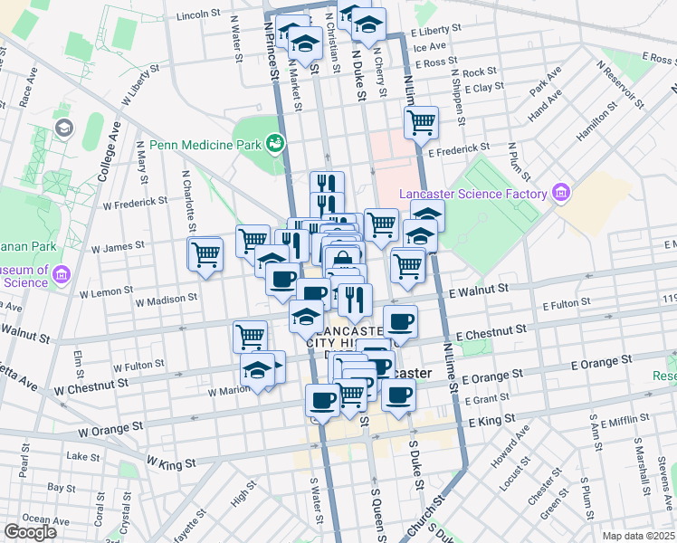 map of restaurants, bars, coffee shops, grocery stores, and more near 347 North Queen Street in Lancaster