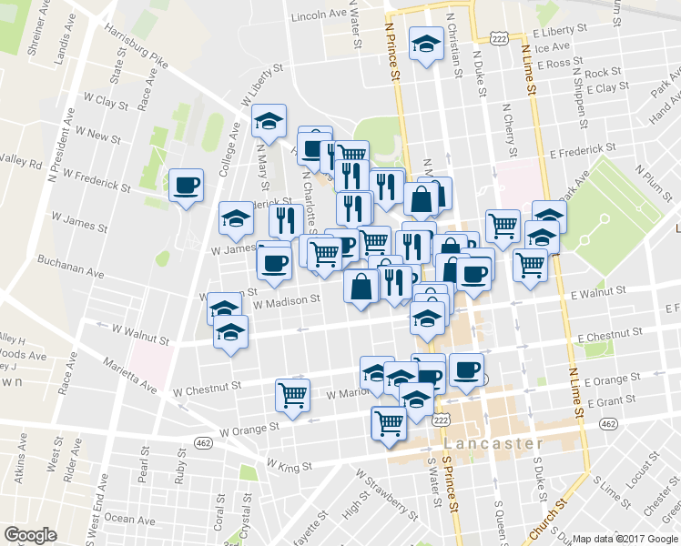 map of restaurants, bars, coffee shops, grocery stores, and more near 425 North Concord Street in Lancaster