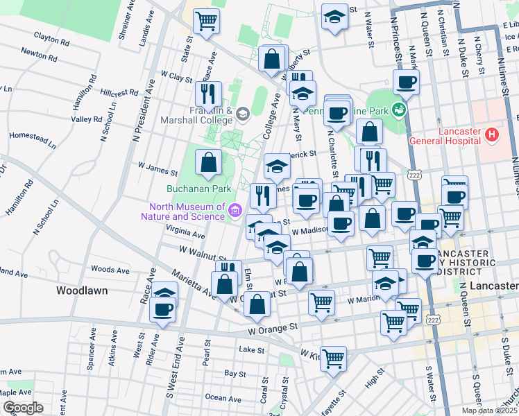 map of restaurants, bars, coffee shops, grocery stores, and more near 434 Nevin Street in Lancaster
