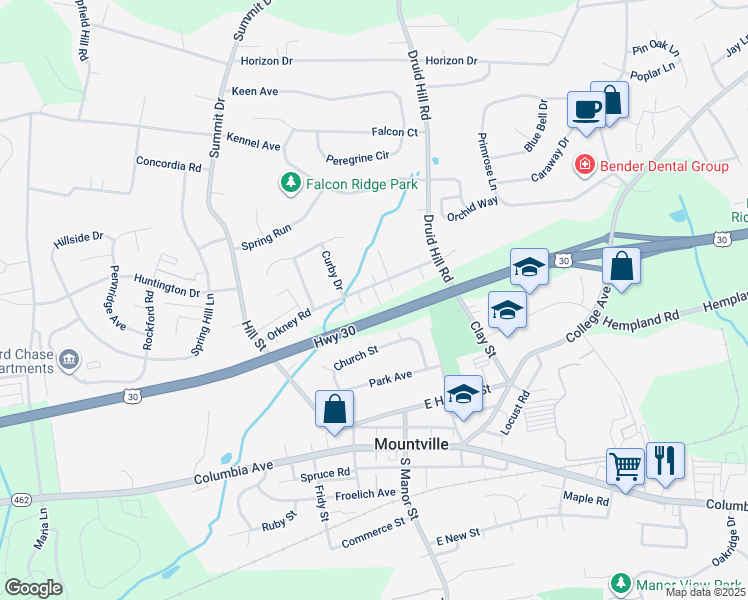 map of restaurants, bars, coffee shops, grocery stores, and more near 3616 Orkney Road in Mountville