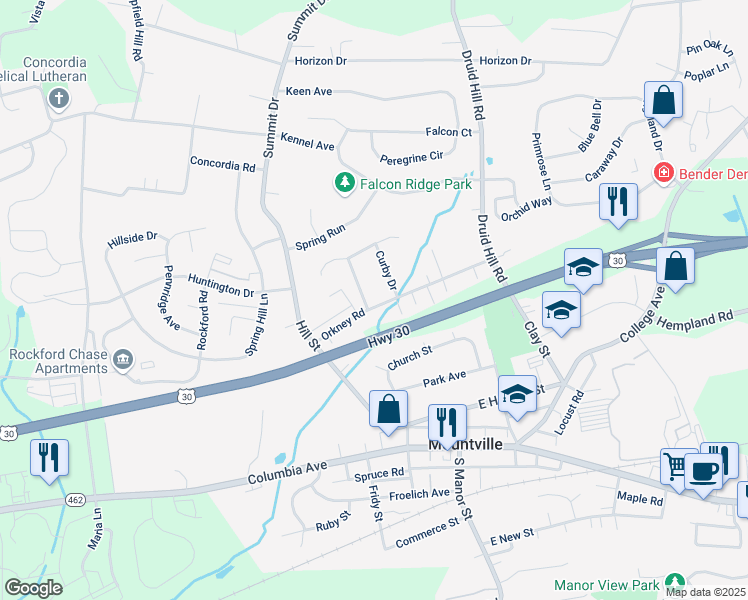 map of restaurants, bars, coffee shops, grocery stores, and more near 3653 Orkney Road in Mountville