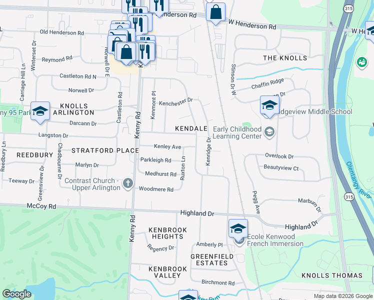 map of restaurants, bars, coffee shops, grocery stores, and more near 977 Kenley Avenue in Columbus