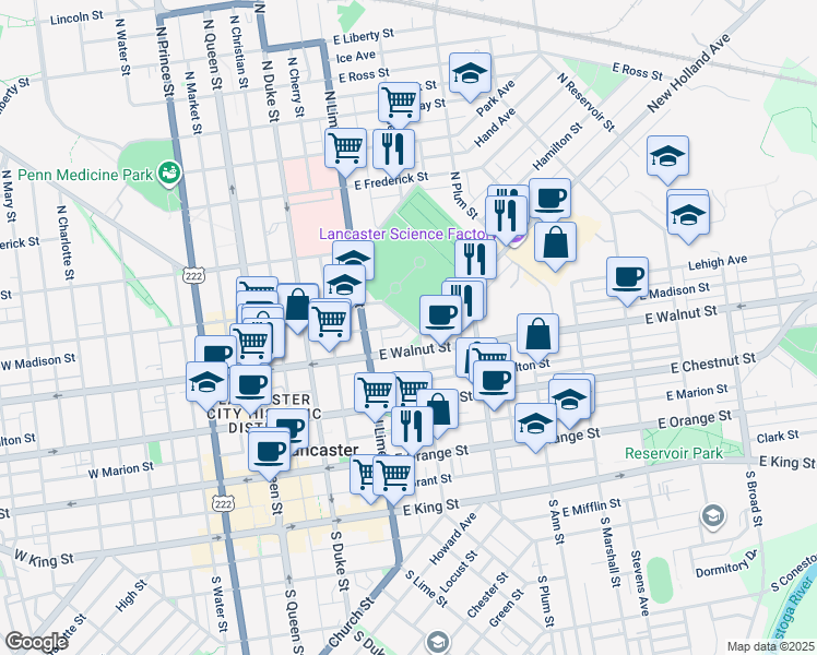 map of restaurants, bars, coffee shops, grocery stores, and more near 260 East Lemon Street in Lancaster