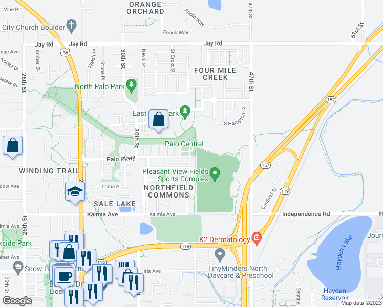 map of restaurants, bars, coffee shops, grocery stores, and more near 3299 Palo Parkway in Boulder