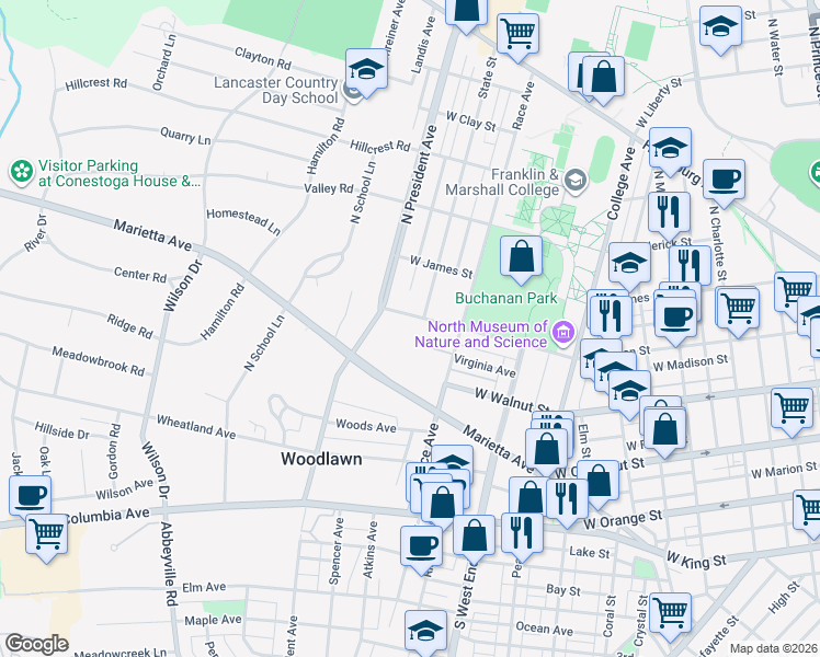 map of restaurants, bars, coffee shops, grocery stores, and more near 1040 Buchanan Avenue in Lancaster