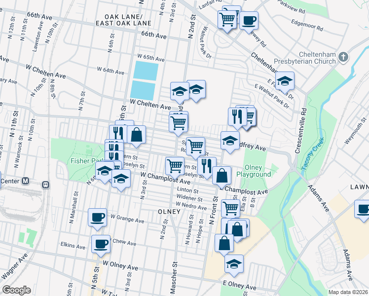 map of restaurants, bars, coffee shops, grocery stores, and more near 179 Rosemar Street in Philadelphia