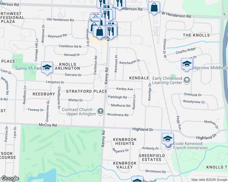 map of restaurants, bars, coffee shops, grocery stores, and more near 1095 Kenley Ave in Columbus