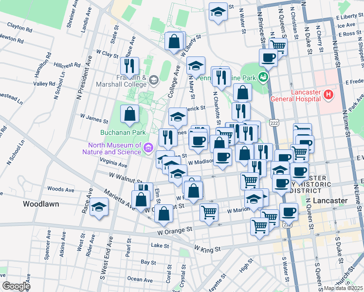 map of restaurants, bars, coffee shops, grocery stores, and more near 424 North Pine Street in Lancaster