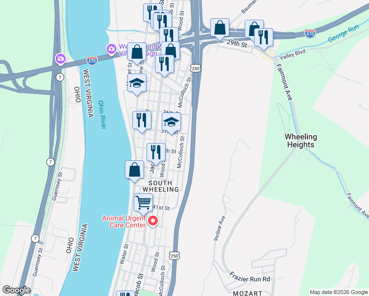 map of restaurants, bars, coffee shops, grocery stores, and more near 3737 Wetzel St in Wheeling
