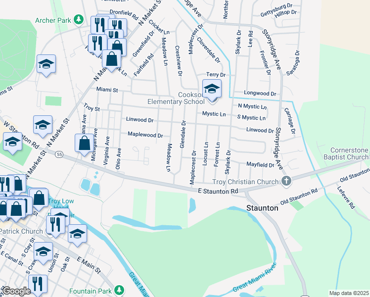 map of restaurants, bars, coffee shops, grocery stores, and more near 533 Glendale Drive in Troy