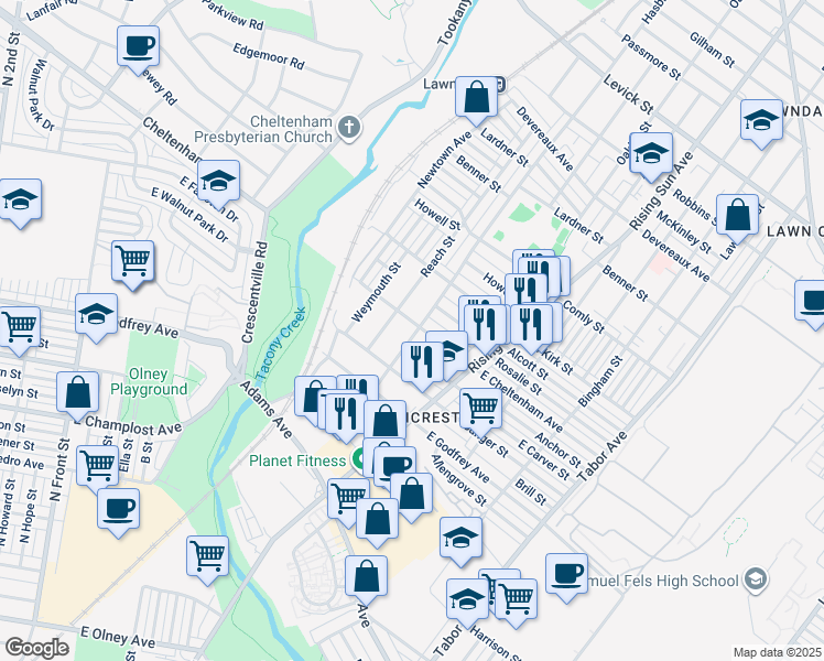 map of restaurants, bars, coffee shops, grocery stores, and more near 338 East Cheltenham Avenue in Philadelphia