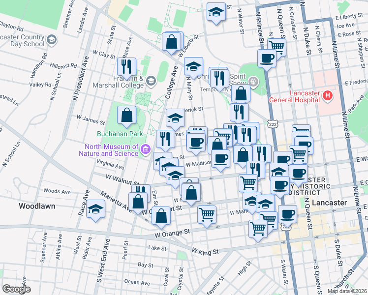 map of restaurants, bars, coffee shops, grocery stores, and more near 423 North Pine Street in Lancaster