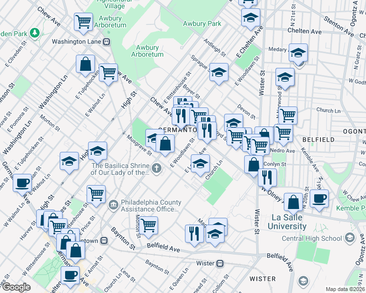 map of restaurants, bars, coffee shops, grocery stores, and more near 715 East Woodlawn Street in Philadelphia
