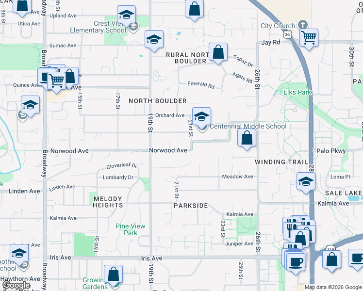 map of restaurants, bars, coffee shops, grocery stores, and more near 2133 Norwood Avenue in Boulder