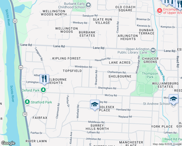 map of restaurants, bars, coffee shops, grocery stores, and more near 4370 Harborough Road in Columbus