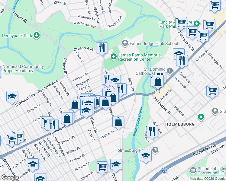 map of restaurants, bars, coffee shops, grocery stores, and more near 3523 Stanwood Street in Philadelphia