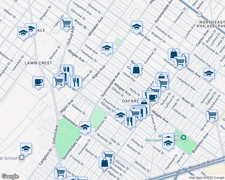 map of restaurants, bars, coffee shops, grocery stores, and more near 1201 Greeby Street in Philadelphia