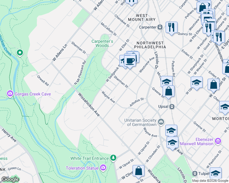 map of restaurants, bars, coffee shops, grocery stores, and more near 742 Carpenter Lane in Philadelphia
