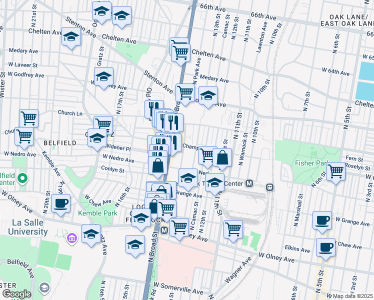map of restaurants, bars, coffee shops, grocery stores, and more near 5945 North Park Avenue in Philadelphia