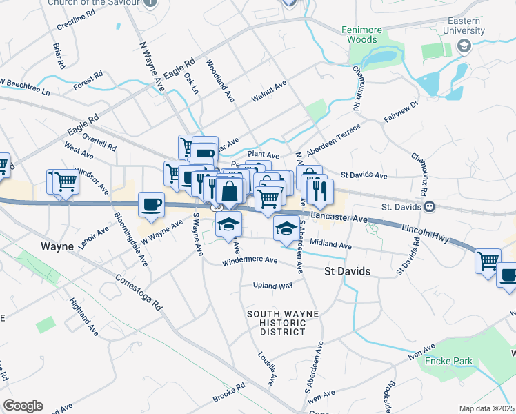 map of restaurants, bars, coffee shops, grocery stores, and more near 211 Lancaster Avenue in Wayne