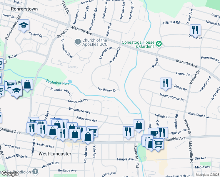 map of restaurants, bars, coffee shops, grocery stores, and more near 543 Northlawn Drive in Lancaster