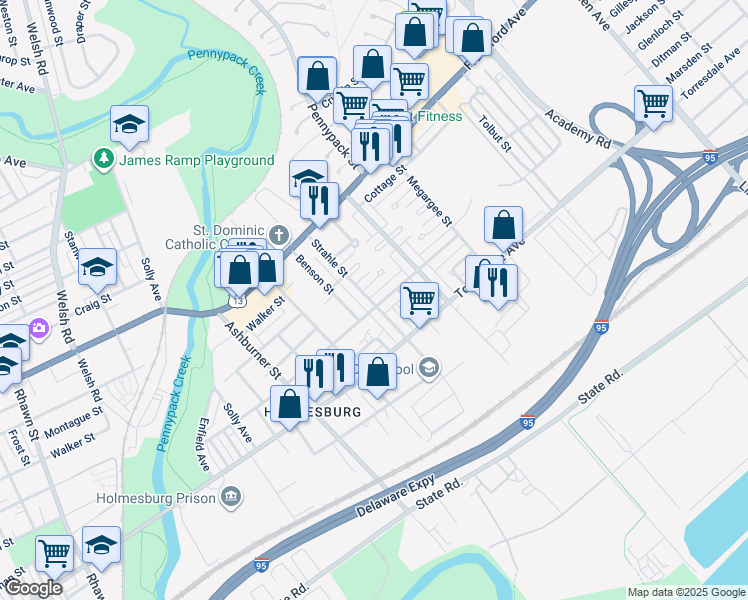 map of restaurants, bars, coffee shops, grocery stores, and more near 8600 Ditman Street in Philadelphia